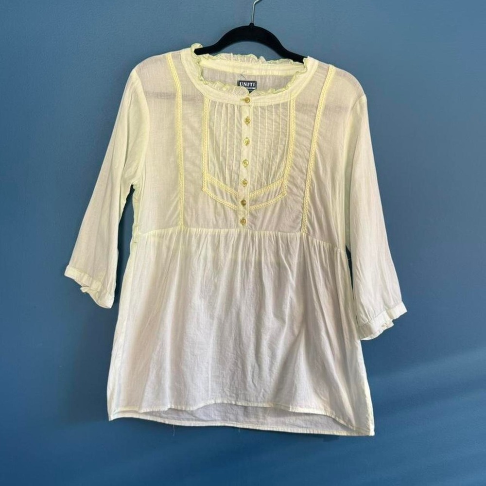 Y2K Cotton Peasant Blouse Women's Size Large White Green Yellow Ruffle Boho